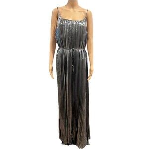 Banana Republic Metallic Silver Lame Long Pleated Dress Size 16 NWT $159